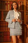 Label Deepika Nagpal_Blue Blazer And Skirt Tweed Geometric Shirt Collared Kayla Front Open With Set _at_Aza_Fashions