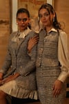 Label Deepika Nagpal_Beige Blazer Tweed Geometric Blazer Notched Natalie Pleated Dress With _Online_at_Aza_Fashions