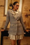 Shop_Label Deepika Nagpal_Beige Blazer Tweed Geometric Blazer Notched Natalie Pleated Dress With _Online_at_Aza_Fashions