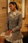 Buy_Label Deepika Nagpal_Beige Blazer Tweed Geometric Blazer Notched Natalie Pleated Dress With 