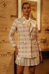 Label Deepika Nagpal_Pink Blazer Tweed Geometric Blazer Notched Natalie Tie-up Neck Dress With _at_Aza_Fashions