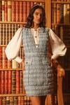 Buy_Label Deepika Nagpal_Blue Tweed Dress V Neck Shelly Straight With Shirt _Online_at_Aza_Fashions