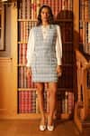 Label Deepika Nagpal_Blue Tweed Dress V Neck Shelly Straight With Shirt _at_Aza_Fashions