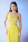 Samyukta Singhania_Yellow Blouse Silk Embroidered Sequin One-shoulder And Skirt Set _at_Aza_Fashions