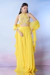 Buy_Samyukta Singhania_Yellow Blouse Silk Embroidered Cutdana Round One-shoulder And Skirt Set _at_Aza_Fashions