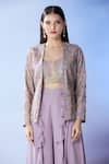 Buy_Samyukta Singhania_Purple Georgette Embroidered Sequin Jacket Lapel Collar Palazzo Set _Online_at_Aza_Fashions