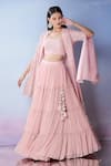 Buy_Samyukta Singhania_Pink Blouse Silk Embroidered Thread Jacket Open Cape Pleated Lehenga Set _at_Aza_Fashions