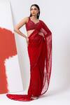 Buy_MEHAK SHARMA_Red Tulle Embroidered Sequin Leaf Abstract Pre-draped Saree With Blouse _at_Aza_Fashions