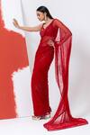 Buy_MEHAK SHARMA_Red Tulle Embroidered Sequin Leaf Abstract Pre-draped Saree With Blouse _Online_at_Aza_Fashions