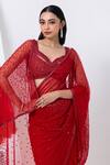 MEHAK SHARMA_Red Tulle Embroidered Sequin Leaf Abstract Pre-draped Saree With Blouse _at_Aza_Fashions