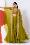 Buy_MEHAK SHARMA_Green Organza Embroidered Dori Blouse Scoop Waist Lehenga Set With Cape _at_Aza_Fashions