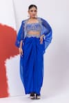 Buy_MEHAK SHARMA_Blue Organza Embroidered Zari Blouse Straight Floral Waist Skirt Se With Cape _at_Aza_Fashions