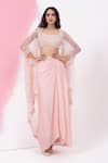 Buy_MEHAK SHARMA_Pink Organza Embroidered Sequin Blouse Draped Asymmetric Skirt Set With Cape _at_Aza_Fashions