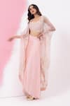 MEHAK SHARMA_Pink Organza Embroidered Sequin Blouse Draped Asymmetric Skirt Set With Cape _at_Aza_Fashions