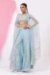 Buy_MEHAK SHARMA_Blue Silk Chanderi Embroidered Sequin Blouse Resham Jaal Sharara Set With Cape _at_Aza_Fashions