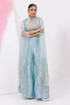 Buy_MEHAK SHARMA_Blue Silk Chanderi Embroidered Sequin Blouse V Neck Sharara Set With Cape _Online_at_Aza_Fashions