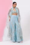 Shop_MEHAK SHARMA_Blue Silk Chanderi Embroidered Sequin Blouse V Neck Sharara Set With Cape 