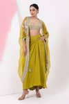 Buy_MEHAK SHARMA_Green Habutai Embroidered Sequin Blouse Leaf Solid Draped Skirt Set With Cape _at_Aza_Fashions