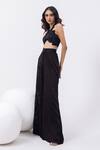 MEHAK SHARMA_Black Satin Embroidered Cutdana Halted Neck Swirl Flared Pant With Blouse _at_Aza_Fashions