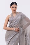 Buy_MEHAK SHARMA_Grey Georgette Embroidered Sequin Halted Linear Pre-draped Saree With Blouse _Online_at_Aza_Fashions