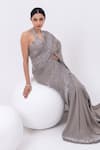 Shop_MEHAK SHARMA_Grey Georgette Embroidered Sequin Halted Linear Pre-draped Saree With Blouse _Online_at_Aza_Fashions