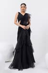 Buy_MEHAK SHARMA_Black Organza Embroidered Chid V Ruffle Detailed Pre-draped Saree With Blouse _at_Aza_Fashions