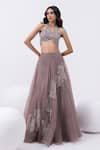 Shop_MEHAK SHARMA_Grey Organza Embroidered Sequin Halted Neck Lehenga With Blouse _Online_at_Aza_Fashions