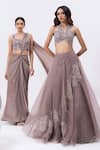 Buy_MEHAK SHARMA_Grey Organza Embroidered Sequin Halted Neck Lehenga With Blouse 