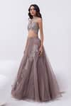 Shop_MEHAK SHARMA_Grey Organza Embroidered Sequin Halted Neck Lehenga With Blouse 