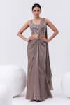 Buy_MEHAK SHARMA_Grey Satin Embroidery Cutdana Scoop Floral Pre-draped Saree With Blouse _at_Aza_Fashions