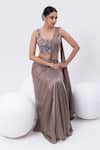 Buy_MEHAK SHARMA_Grey Satin Embroidery Cutdana Scoop Floral Pre-draped Saree With Blouse _Online_at_Aza_Fashions