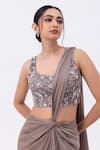 Buy_MEHAK SHARMA_Grey Satin Embroidery Cutdana Scoop Floral Pre-draped Saree With Blouse 