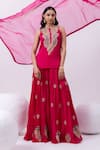 MEHAK SHARMA_Red Satin Organza Embroidery Zari Round Paisley Short Kurta And Sharara Set _at_Aza_Fashions