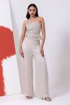 Buy_MEHAK SHARMA_White Satin Embroidery Sequin Off Shoulder Cutdana Bustier With Pant _at_Aza_Fashions