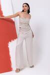 MEHAK SHARMA_White Satin Embroidery Sequin Off Shoulder Cutdana Bustier With Pant _at_Aza_Fashions