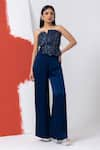 Buy_MEHAK SHARMA_Blue Satin Embroidery Sequin Off Shoulder Bustier With Pant _at_Aza_Fashions