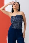 MEHAK SHARMA_Blue Satin Embroidery Sequin Off Shoulder Bustier With Pant _Online_at_Aza_Fashions