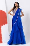 Buy_MEHAK SHARMA_Blue Chiffon Embroidery Sequins Floral Cutdana Ruffle Pre-draped Saree Set _at_Aza_Fashions