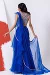 Shop_MEHAK SHARMA_Blue Chiffon Embroidery Sequins Floral Cutdana Ruffle Pre-draped Saree Set _at_Aza_Fashions