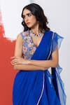 Buy_MEHAK SHARMA_Blue Chiffon Embroidery Sequins Floral Cutdana Ruffle Pre-draped Saree Set _Online_at_Aza_Fashions