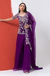 Buy_MEHAK SHARMA_Purple Organza Embroidery Cutdana Leaf Floral Resham Short Kurta And Sharara Set 