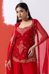 Shop_MEHAK SHARMA_Red Organza Embroidery Dori Leaf Floral Zari Short Kurta And Sharara Set _Online_at_Aza_Fashions