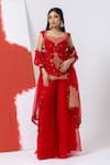 MEHAK SHARMA_Red Organza Embroidery Dori Leaf Floral Zari Short Kurta And Sharara Set _at_Aza_Fashions