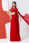 Buy_MEHAK SHARMA_Red Georgette Embroidery Cutdana Halter Neck Pre-drape Dare With Blouse _at_Aza_Fashions