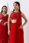 Shop_MEHAK SHARMA_Red Georgette Embroidery Cutdana Halter Neck Pre-drape Dare With Blouse _Online_at_Aza_Fashions