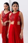 MEHAK SHARMA_Red Georgette Embroidery Cutdana Halter Neck Pre-drape Dare With Blouse _at_Aza_Fashions