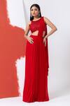 Buy_MEHAK SHARMA_Red Georgette Embroidery Cutdana Halter Neck Pre-drape Dare With Blouse 