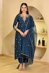 Buy_Hasrat By Salma_Blue Kurta And Pant Chanderi Embroidery Floral Notched Resham Gathered & Set _at_Aza_Fashions