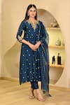 Shop_Hasrat By Salma_Blue Kurta And Pant Chanderi Embroidery Floral Notched Resham Gathered & Set _at_Aza_Fashions