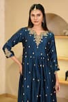 Buy_Hasrat By Salma_Blue Kurta And Pant Chanderi Embroidery Floral Notched Resham Gathered & Set _Online_at_Aza_Fashions